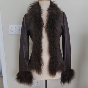 Women's Brown Leather Mangolian Lamb Fur-Trimmed Jacket